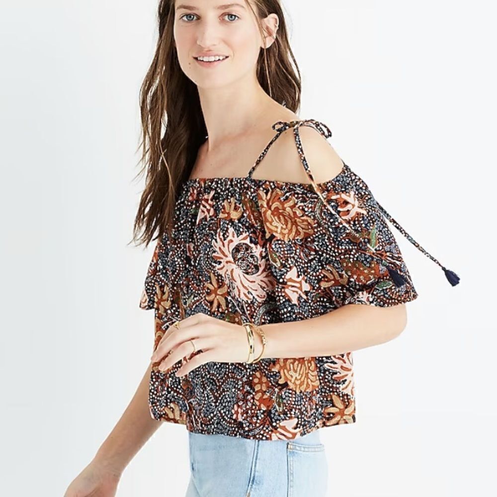 Madewell Silk Cold-Shoulder Top in Sea Floral size XS